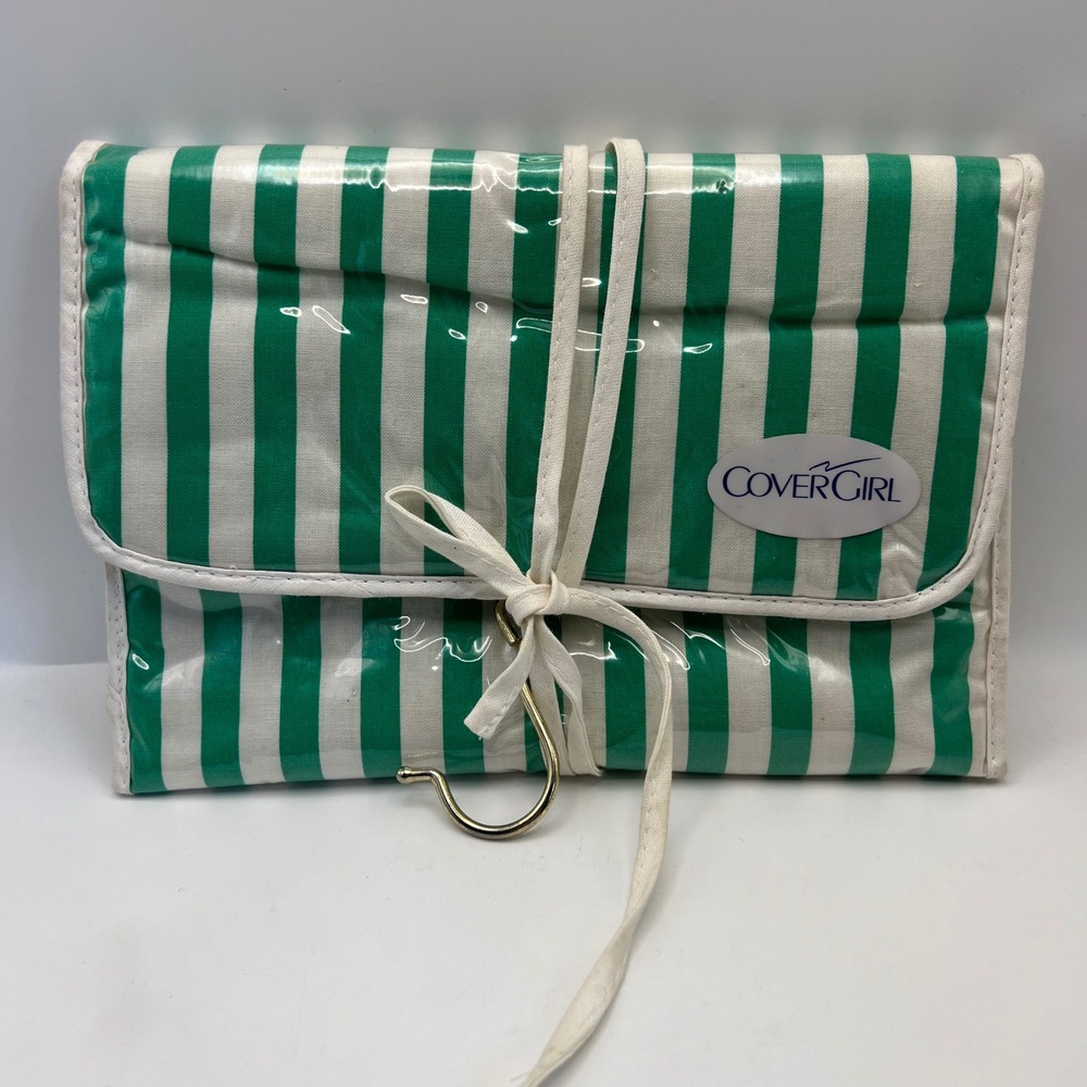 Cover Girl Green White Stripe Hanging Cosmetic Bag VTG 80s 90s make up retro